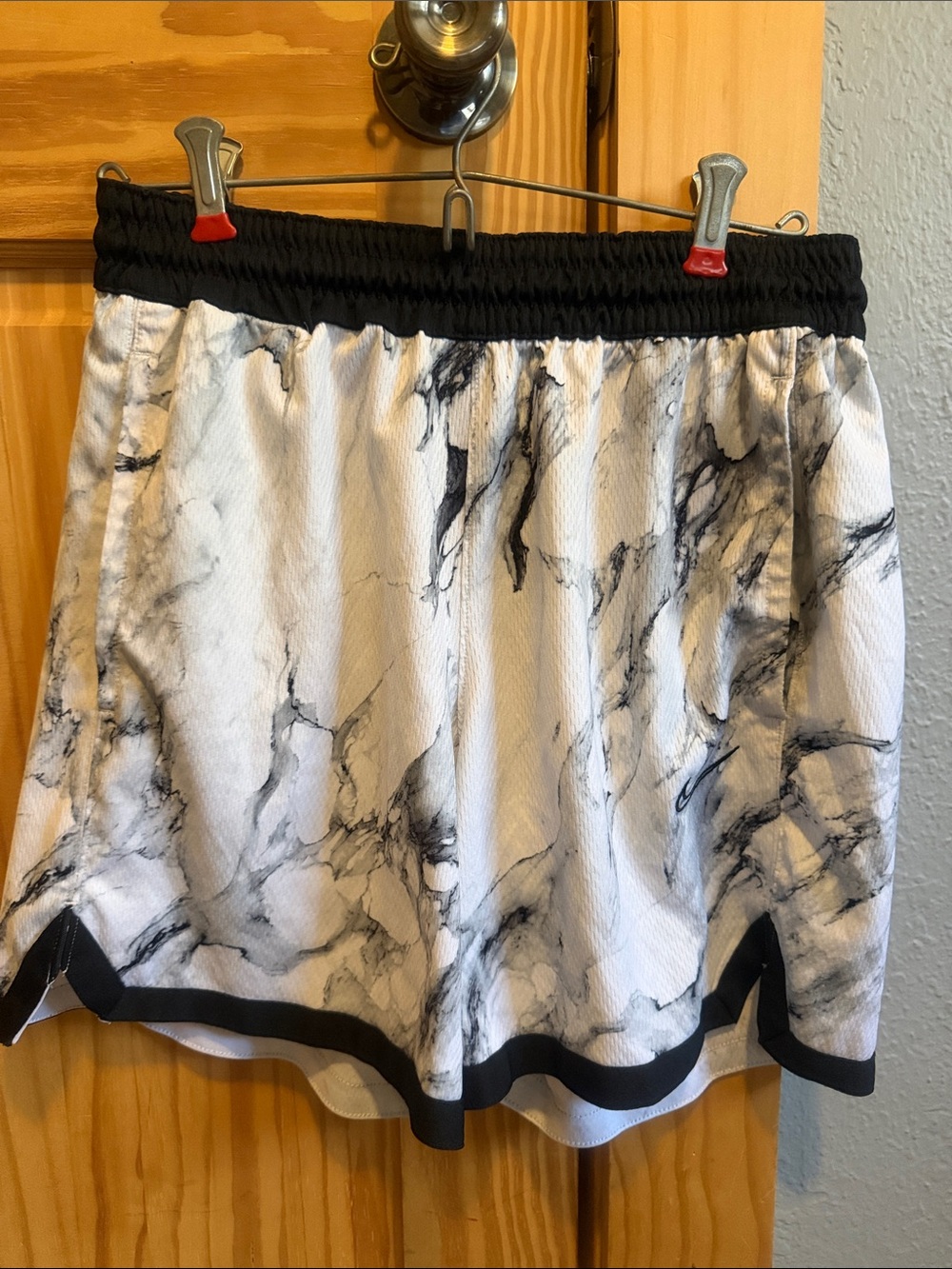 Nike White Marble-Print Athletic Shorts with Black Waistband and Trim